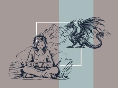 pige, der lytter lydbog, og en ledning, der leder fra hørebøfferne til en stor drage