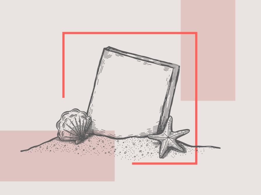 Illustration af en bog i sandet med en musling og en søstjerne.