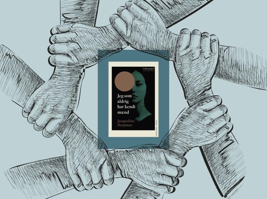 Forsiden af "Jeg som aldrig har kendt mænd" på en baggrund med låste arme som symbol på fællesskab.